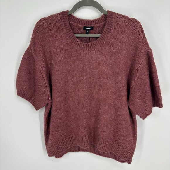 Express Puff Sleeve Sweater M Crew Neck Short Sleeves Fuzzy Ginger Dusty Rose - Picture 1 of 8